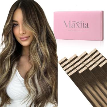 Imagem de MAXITA Extensões De Cabelo Com Fita Adesiva, Humano, Balayage Castanho Chocolate A Loiro Caramelo, 55 Cm, 50 G, 20 Unidades, Remy Sedoso, Pontas Grossas, Liso, Sem Costura