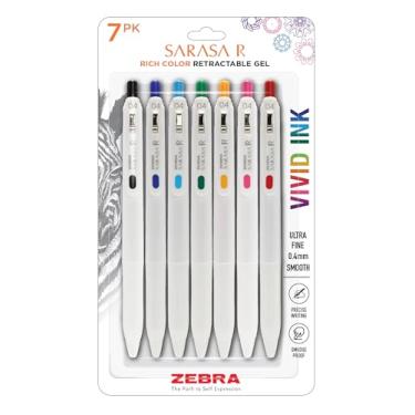 Imagem de Zebra Pen Caneta de gel retrátil Sarasa R, ponta extrafina, 0,4 mm, material escolar e diário, aderência de borracha, clipe para fichário, tinta resistente à água sortida, pacote com 7 (47807)
