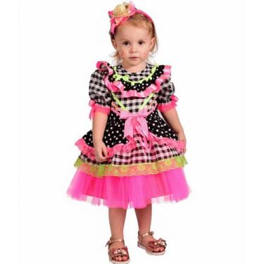 Imagem de Vestido de festa Junina Infantil Xadrez e Neon Papilloo, Rosa, 1 ano