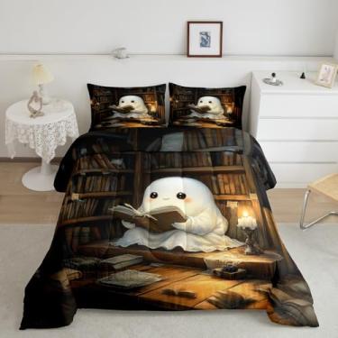 Imagem de Conjunto de edredom solteiro com leitura de fantasmas fofos, para todas as estações, vintage, livros mágicos, decoração de quarto de adolescentes, estilo europeu retrô de Halloween, enchimento interno
