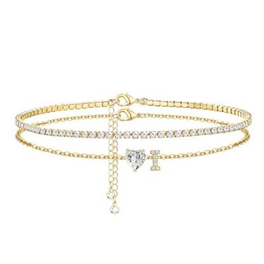 Imagem de CIOMY Tornozeleiras femininas com inicial dourada banhada a ouro 14 K, coração de zircônia cúbica, tornozeleiras femininas à prova d'água com letras ajustáveis em camadas, tornozeleira grande, verão