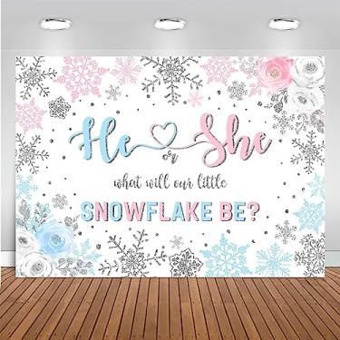 Imagem de Mocsicka Floco de neve de fundo revelador de gênero inverno rosa ou azul floco de neve revelar decoração de festa ele ou ela o que nosso pequeno floco de neve será decoração de festa faixa de foto