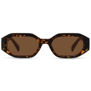 Imagem de Nuptam Óculos de sol retrô polarizados retangular/hexágono, para mulheres, armação hexagonal estreita vintage anos 90, Armação de tartaruga/lente café