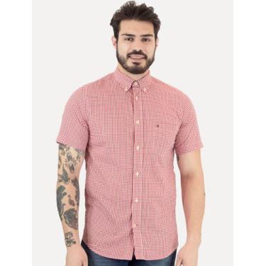 Imagem de Camisa Tommy Hilfiger Masculina Manga Curta Xadrez Gingham Branca/Verm