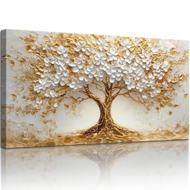 Imagem de SERIMINO Arte de parede da árvore da vida, decoração de parede grande árvore de ouro branco, pinturas de arte abstrata de paisagem natural, imagens de parede de casa moderna para sala de estar, quarto