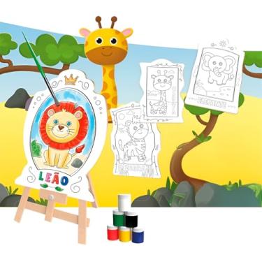 Imagem de Kit de Pintura Infantil com Cavalete 36x20cm, Avental, 6 Tintas e Telas Temáticas Safari, A Partir de 3 Anos
