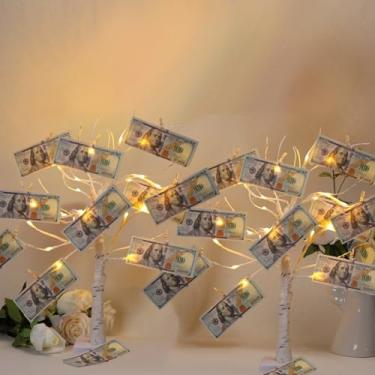 Imagem de Meonua Pacote com 2 porta-cartões de presente para árvore de dinheiro, luzes de galho de LED – tela iluminada por bateria/USB com 22 clipes transparentes para fotos de aniversário e casamento (cor