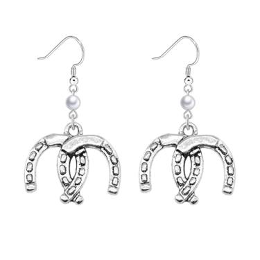 Imagem de Dreuyet Wrangler Brincos de pérola ocidental rústica Couture brincos em forma de ferradura em forma de U brincos pendentes country concho brincos chapéu bota brincos declaração joias para mulheres,