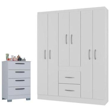 Imagem de Cômoda 867 4 Gavetas Com Guarda Roupa Casal Milão 6 Portas Branco Bril