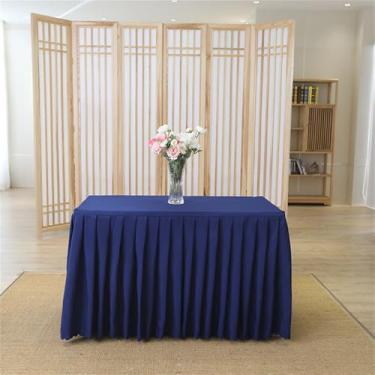 Imagem de Saia de mesa de poliéster branca, toalha de mesa para sala de reunião, toalha de mesa retangular plissada para decoração de eventos, banquetes, festas de casamento, azul-marinho, 1,2 m (48 x 23 x 30