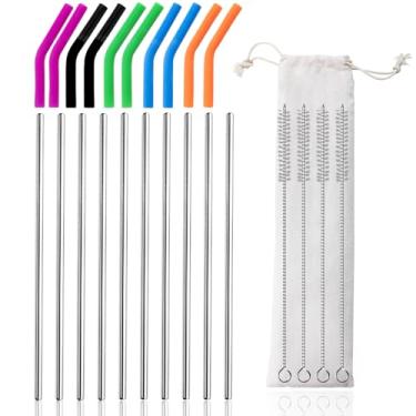 Imagem de Lazycorner 10 canudos de aço inoxidável reutilizáveis de 21,6 cm 6 mm, 567 g-947 g, canudos prateados com pontas de silicone, 4 escovas de limpeza de palhas, 1 estojo de viagem