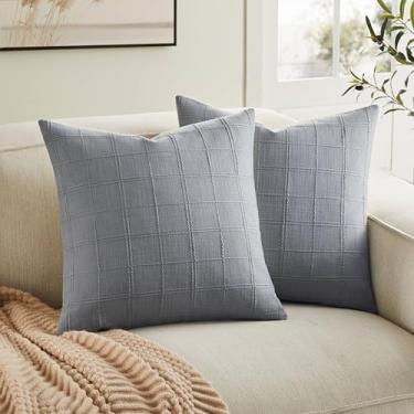 Imagem de ZeeMart Conjunto de 2 capas de almofada xadrez de linho, cinzas azuis/creme, 45,7 x 45,7 cm, decoração de casa de fazenda, grade de um lado, bordada, capas de almofada de linho de algodão azul e cinza