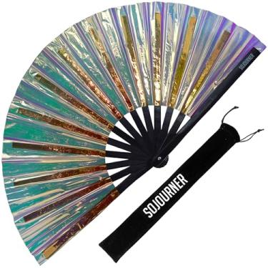 Imagem de SoJourner Bags Ventilador Holográfico Black Rave - Grande Ventilador Dobrável Clack para Homens e Mulheres - Acessórios de Rave para EDM, Line Dancing, Cosplay, Concertos e Mais