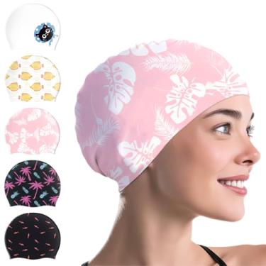 Imagem de WAVEYU Touca de natação de silicone para mulheres, touca de natação para verão e inverno, toucas de natação para meninas, padrão rosa