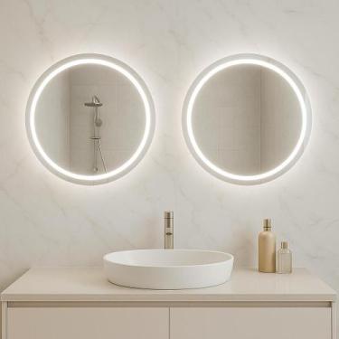 Imagem de Kit 2 Espelho Redondo Jateado Com Led 50x50 Cm Lapidado Luxo - Espelho