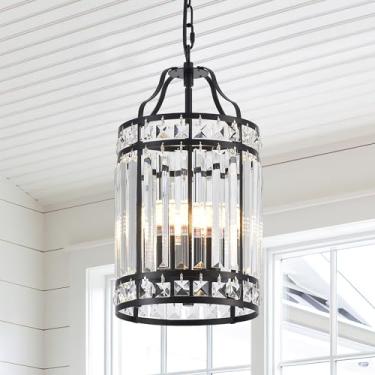 Imagem de lighceac Luminárias modernas de ilha com pingente preto para cozinha, lustres pequenos de 4 luzes de cristal elegantes de luxo para sala de jantar, gaiola industrial iluminação de teto suspensa para