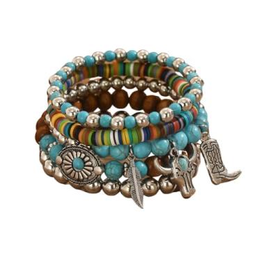 Imagem de MMIUAEG Pulseiras de turquesa natural feitas à mão com contas para botas ocidentais cabeça de boi oval flor cruz de coco pulseira para homens mulheres vintage cowboy vaqueiras joias turquesa, Medium