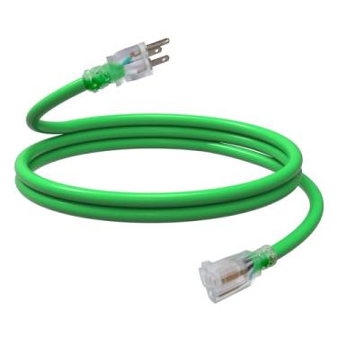 Imagem de EP Cabo de extensão externo de 1,8 m, cabo de alimentação impermeável SJTW 12/3, plugue aterrado de 3 pinos, extremidade iluminada, para gramado, jardim, eletrodomésticos, verde