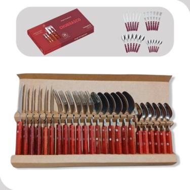 Imagem de Jogo de Talheres 24 Peças Aço Inox Cabos Madeira Faqueiro - Martinazzo