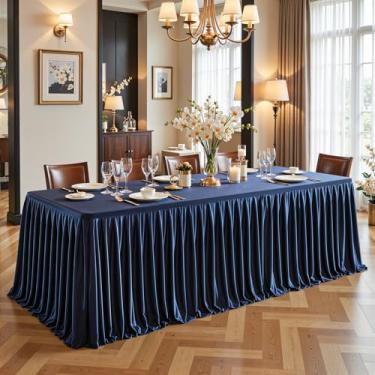 Imagem de Roupas de mesa de cetim azul marinho para mesas retangulares de 1,8 m – Toalhas de mesa retangulares com glitter resistentes a vincos, capas de mesa de festa para banquete de casamento, chá de bebê
