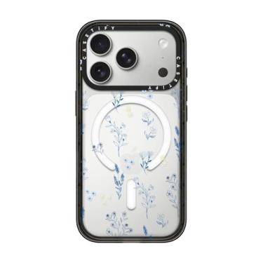 Imagem de CASETiFY Capa Impact para iPhone 17 Pro [fina/compatível com Magsafe/2,5 m. Proteção contra quedas de grau militar 4X] - Flores azuis pequenas - Preto transparente