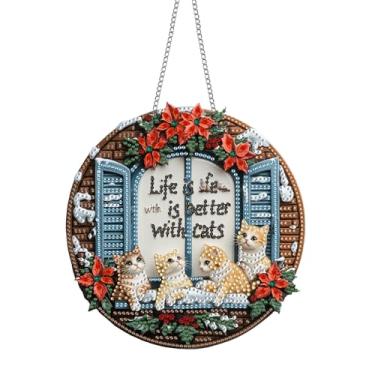 Imagem de Pavemlo Doppelseitig Acrylbrett Diamond Painting Anhänger & Fensterbilder Set mit Kette - Katze DIY Malerei Anhänger Diamant Art Wandbehang Kits 20x20 cm - Für Wand Und Eingang Dekoration