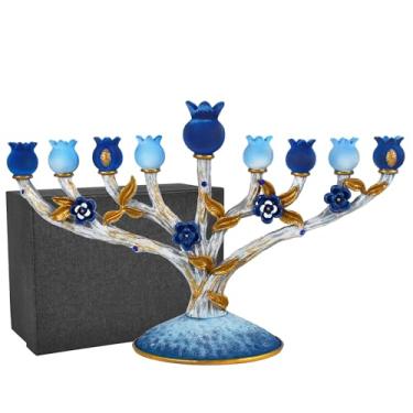 Imagem de Zion Judaica Pomegranates Tree Hanukkah Menorah Multi Blue & Gold Accents Hanukkiah design de ramo de liga de zinco serve para velas de Hanukkah padrão 1 cm caixa de presente