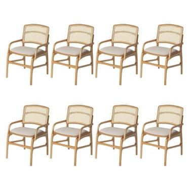 Imagem de Jogo 8 Cadeiras Para Jantar Florença Em Madeira Jequitibá Natural Braço Encosto Palha Linho Bege