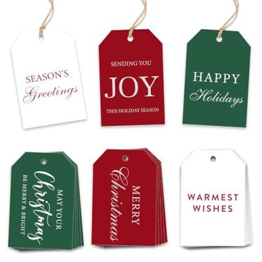 Imagem de Etiquetas de presente de Natal, 48 etiquetas de presente com corda de cânhamo, 6 desenhos, 5 x 7,6 cm, etiquetas de papel kraft grossas para embrulho de presente, decorações de Natal, marcador de