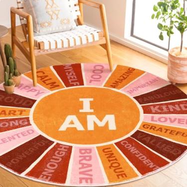Imagem de FYSUIMU Tapete de Natal redondo, retrô, colorido, palavras positivas, tapete de sol, 1,5 m, boêmio, macio, arco-íris, motivacional, para sala de aula, dormitório, quarto, leitura, sala de jogos