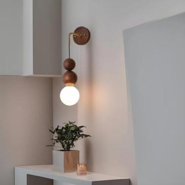 Imagem de GZZBMY Lâmpada de parede interna LED lâmpadas de parede de madeira vintage com abajur de vidro moderno iluminação de parede de metal para sala de estar quarto escada cabeceira corredor (madeira escura