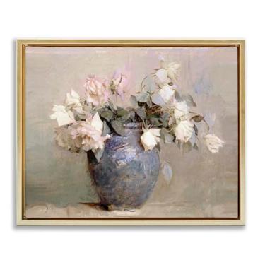 Imagem de Stupell Industries Arte de parede em tela flutuante com moldura dourada vintage rosas em vaso azul, design de Leah Straatsma, 25 x 31