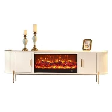 Imagem de Lareira Decorativa Suporte de TV moderno com lareira branca 78,7'', consoles elétrica, chama realista 3D, armário armazenamento 2 portas