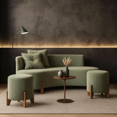 Imagem de Conjunto Sofá Curvo Orgânico + 02 Puff Luna Boucle Verde Oliva - Monta