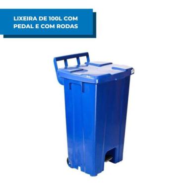 Imagem de Lixeira 100 Litros Quadrada Azul Plástico Com Rodas E Pedal - JSN