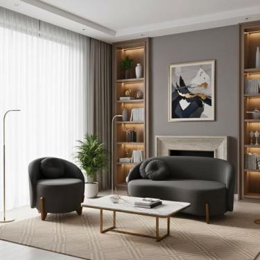 Imagem de Conjunto 01 Poltrona + Sofá Curvo Orgânico Amsterdã Bouclê Chumbo - Mo