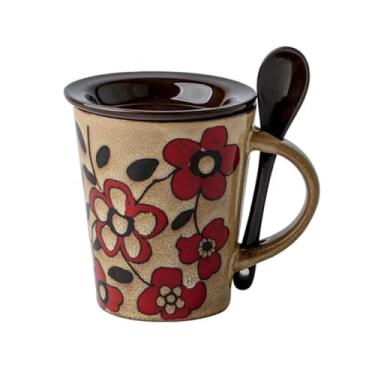 Imagem de URGDWEKJY Caneca de viagem caneca de cerâmica pintada à mão colher com tampa 350 ml xícara de café xícara de chá de leite copo de bebida doméstico adequado para presentes de férias xícara de café
