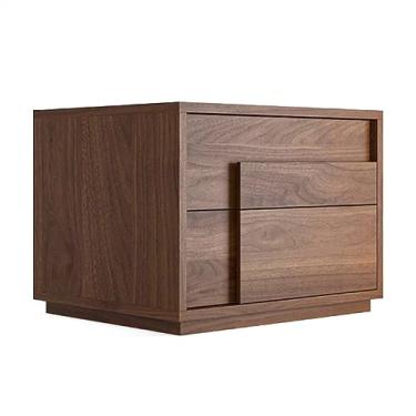 Imagem de Cômoda com gaveta, mesa de cabeceira toda de madeira, quadrada, marrom/preta, mesa de cabeceira com gaveta dupla, alça oculta, quarto, chão, móveis de cabeceira, mesa de cabeceira