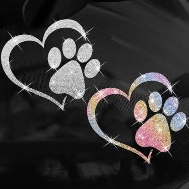 Imagem de Adesivo decalque brilhante coração amor garra de cachorro autoadesivo PVC arco-íris glitter para carros, janela de parede, bagagem, capa de arranhão porta multisuperfície adesivo decorativo (branco +