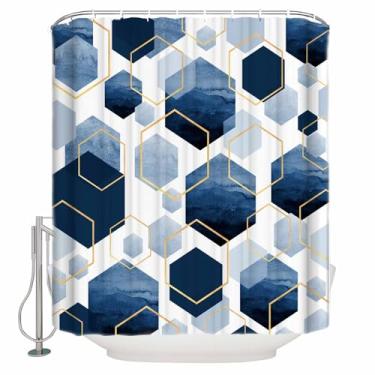 Imagem de Cortina de chuveiro azul geométrica moderna, cortinas de chuveiro laváveis com linhas douradas abstratas para banheiras de banheiro, cortina de banho de secagem rápida à prova d'água de arte nórdica