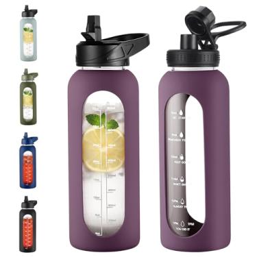 Imagem de EALGRO Garrafa de água de vidro de 1,134 g com canudo e alça, frasco de água motivacional esportivo com manga de silicone, copo de água grande com marcador de tempo para viagem, academia, roxo escuro