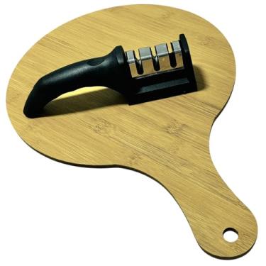 Imagem de Kit 01 Tábua de Corte Petisqueira Redonda Madeira MDF CASAMILU Premium 43 cm x 30 cm + 01 Amolador de Facas e Tesouras Profissional 3 Afiações | Para corte e Apresentação de Carnes, Queijos e Frios