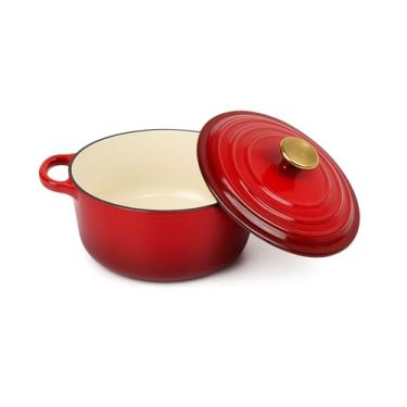 Imagem de Forno holandês de ferro fundido esmaltado vermelho de 3,5 QT _Heavy_Duty panela redonda com tampa para assar pão, ensopado, sopa e assar"