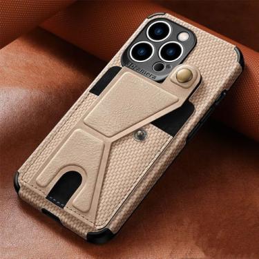 Imagem de Capa de telefone com suporte para cartão de carteira de fibra de carbono para iPhone 13 12 Mini 14 11 Pro XS Max XR X 7 8 6 6s Plus SE 2 3 Capa de couro, cáqui, para iphone 11 pro