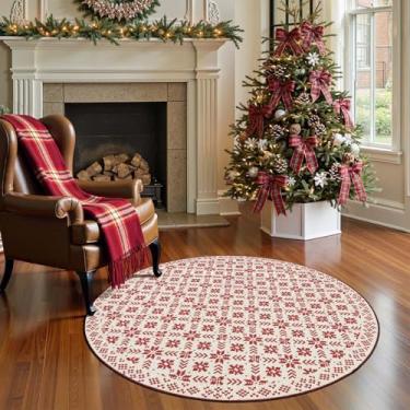Imagem de jinchan Tapete de Natal redondo com aparência de malha para entrada, quarto, 1,2 m, círculo vermelho, tapete de férias para sala de estar, estampa de floco de neve, 1,2 m, decoração de Natal, tapete
