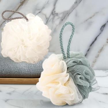 Imagem de Esponja de bucha, bucha de banho, esponja de banho esfoliante, dois painéis de cores, cuidados essenciais para a pele do chuveiro.