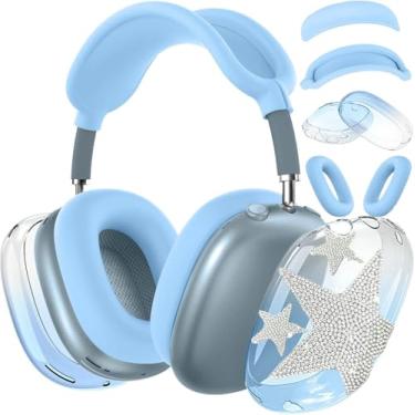 Imagem de Capa para fones de ouvido AirPods Max, capa transparente e macia, acessórios para Apple AirPods Max (2024/2020) (cor gradiente azul claro estrelas conjuntos (4 em 1))