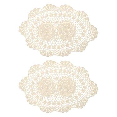 Imagem de 2 peças de toalhas de crochê feitas à mão de 40,6 x 25,4 cm, jogo americano de mesa oval de algodão de poliéster para mesa de jantar e festas de cozinha, bege