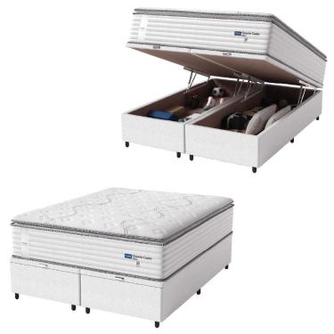 Imagem de Cama Box Baú Casal Queen Colchão Molas Guarda Costas Com Pillow 158x198x81cm Branco Cinza