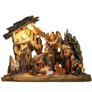 Imagem de MUMTOP Conjunto de presépio com manjedoura, conjunto de presépio de resina com luzes LED e música, presépio de Natal para decoração de mesa, casa, capela, Natal, decoração interna